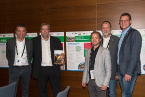 The WFDF and IFA delegations at the International Federation Forum 2017 on Sustainability presenting their joint case study on Sustainability which was projected with the International Olympic Committee (IOC). From left to right: Vincent Gaillard (WFDF Advisory Council chair), Volker Bernardi (WFDF Executive Director), Christoph Oberlehner (IFA Administrative Director), Karl Weiss (IFA President), Jörn Verleger (IFA Secretary General). Photo by Robert Hradil/Getty Images for SportAccord
